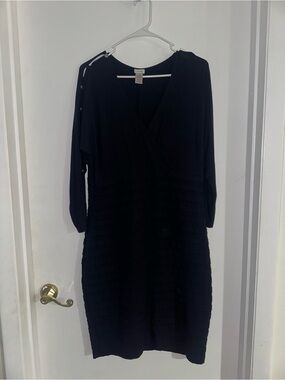 Cache Black Long-Sleeve V-Neck Midi Dress